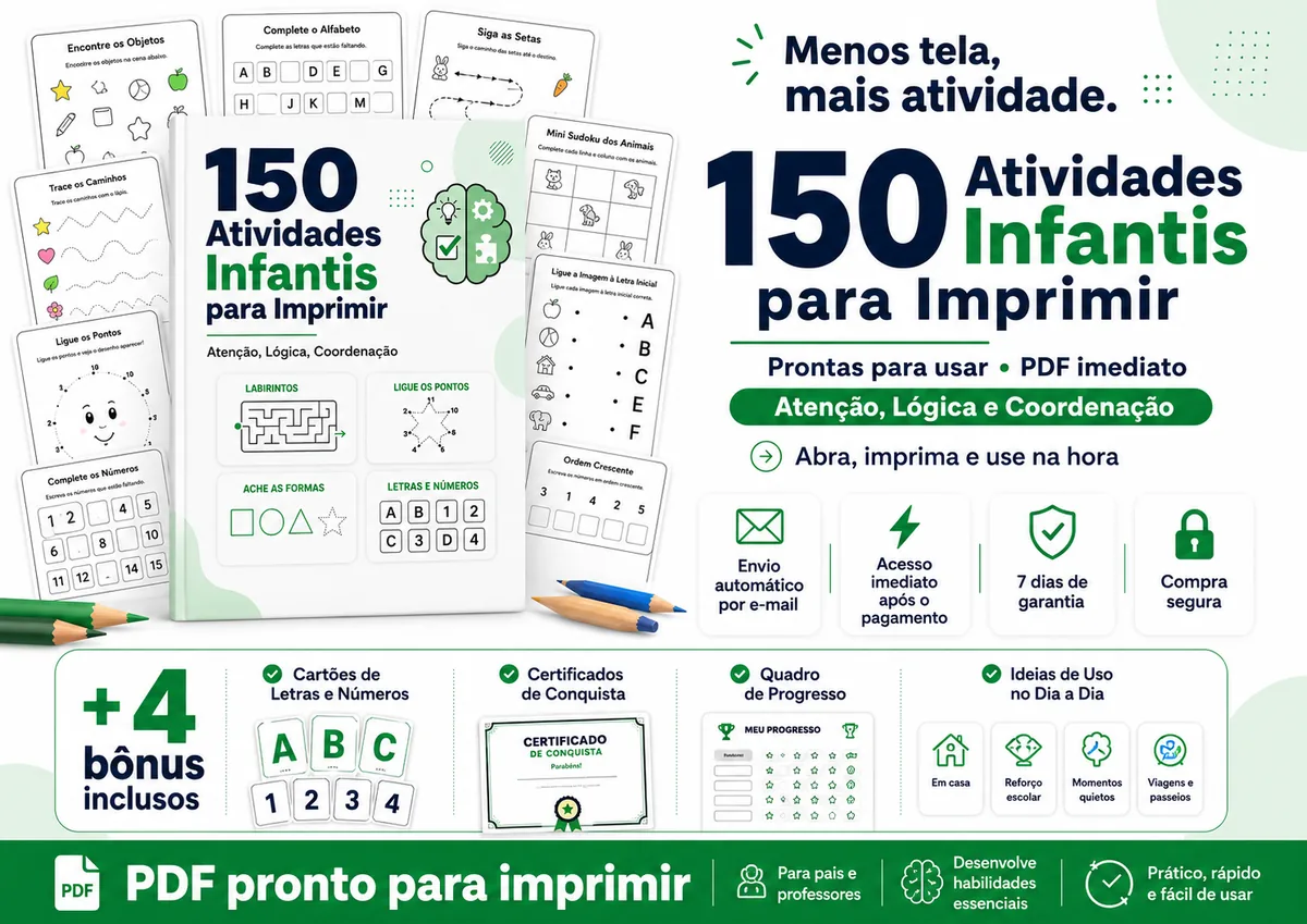 Pack 150 Atividades Infantis - Atenção, Lógica, Coordenação